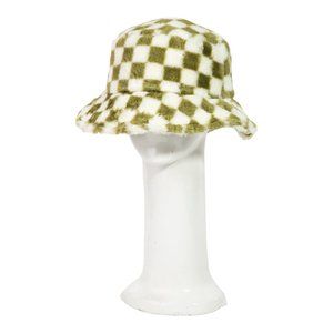 Olive faux fur checkered print bucket hat